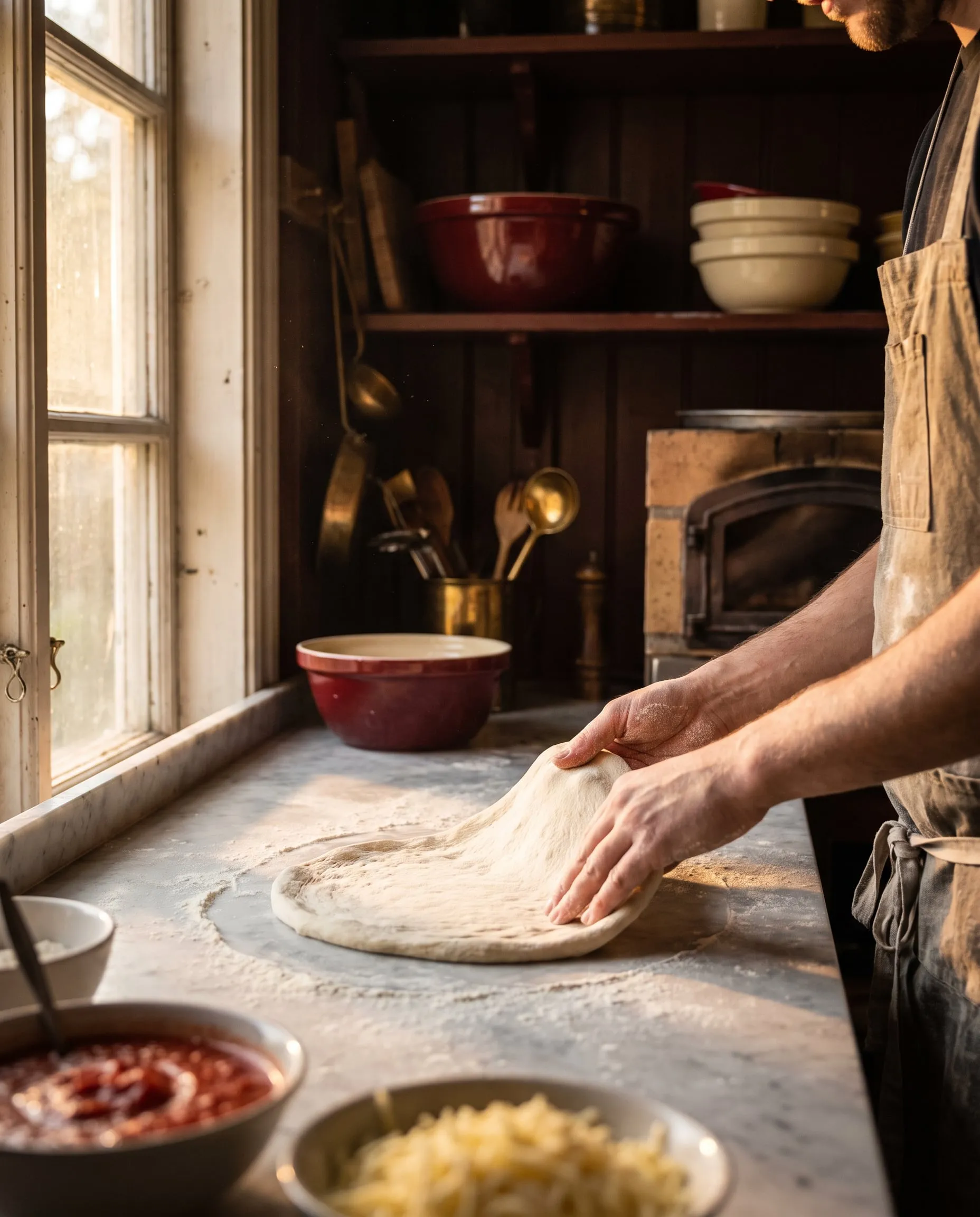 Händer som drar ut pizzadeg på en mjölad bänk