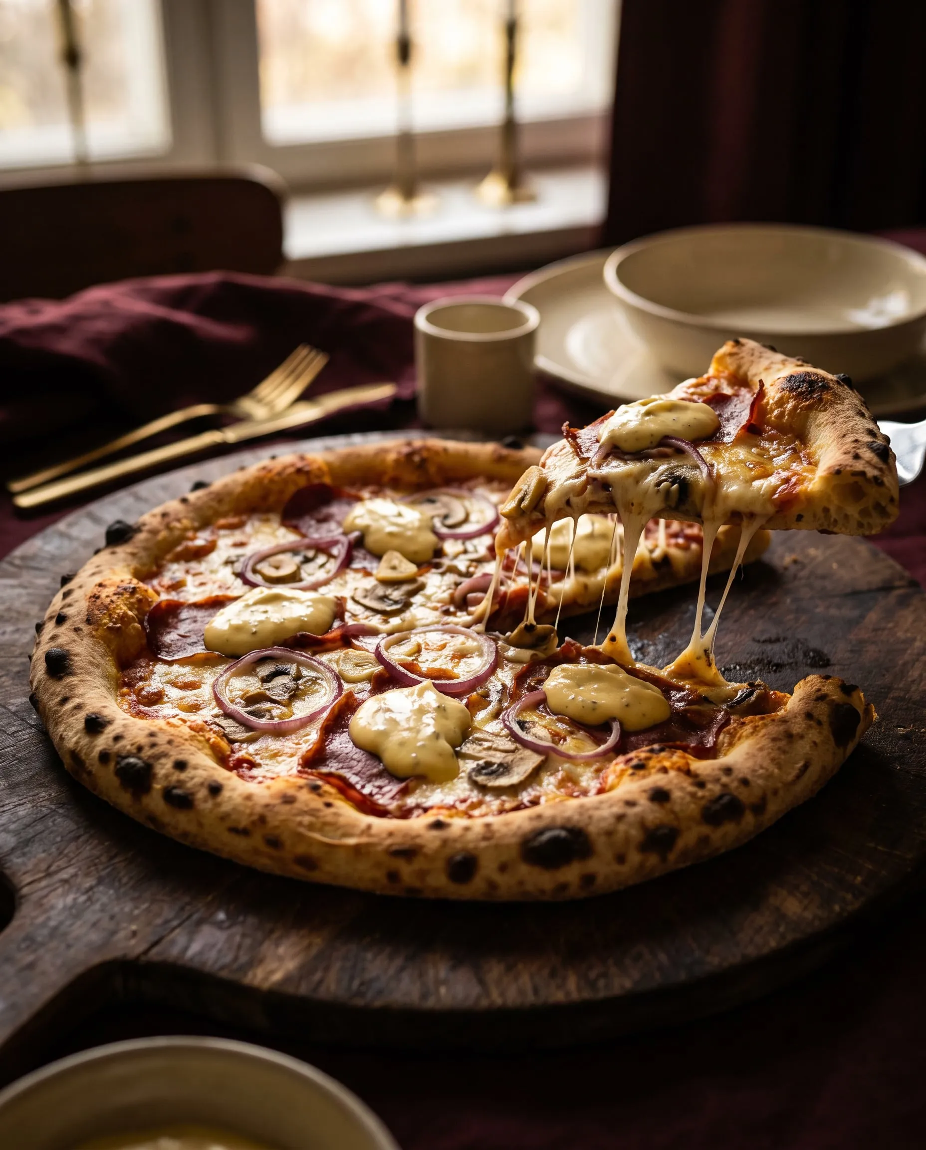 Lyxpizza med renstek, rödlök, champinjoner och bearnaisesås, en bit lyfts upp