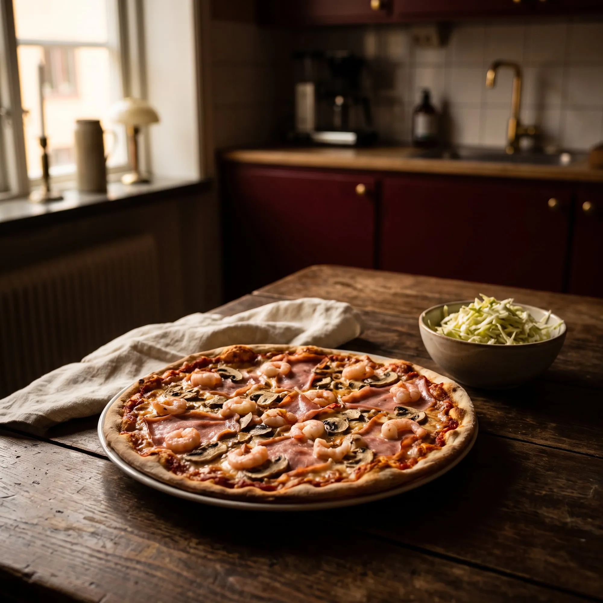 Pizza med räkor, skinka och champinjoner bredvid en skål pizzasallad