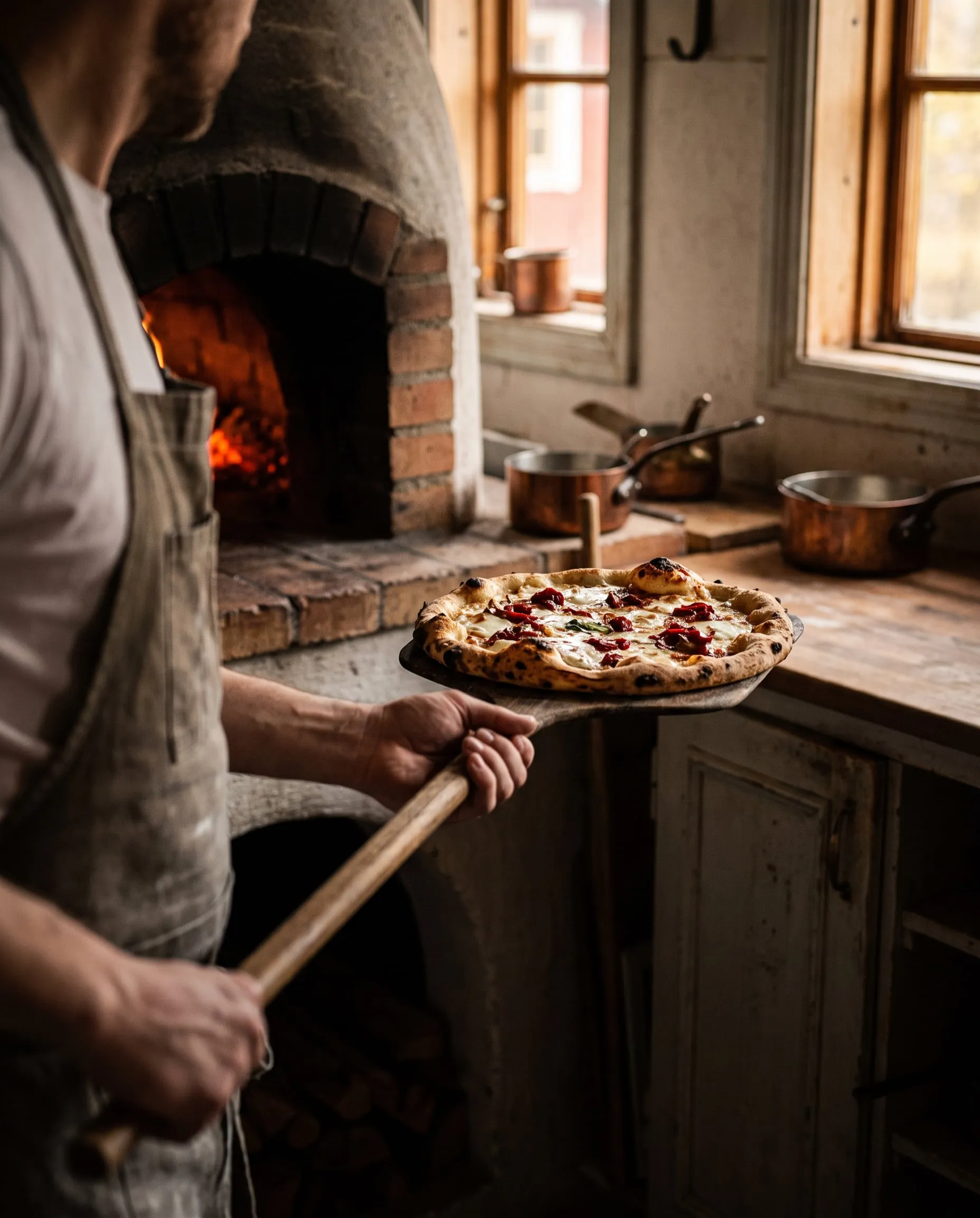 Pizza som tas ut ur ugnen på en träspade
