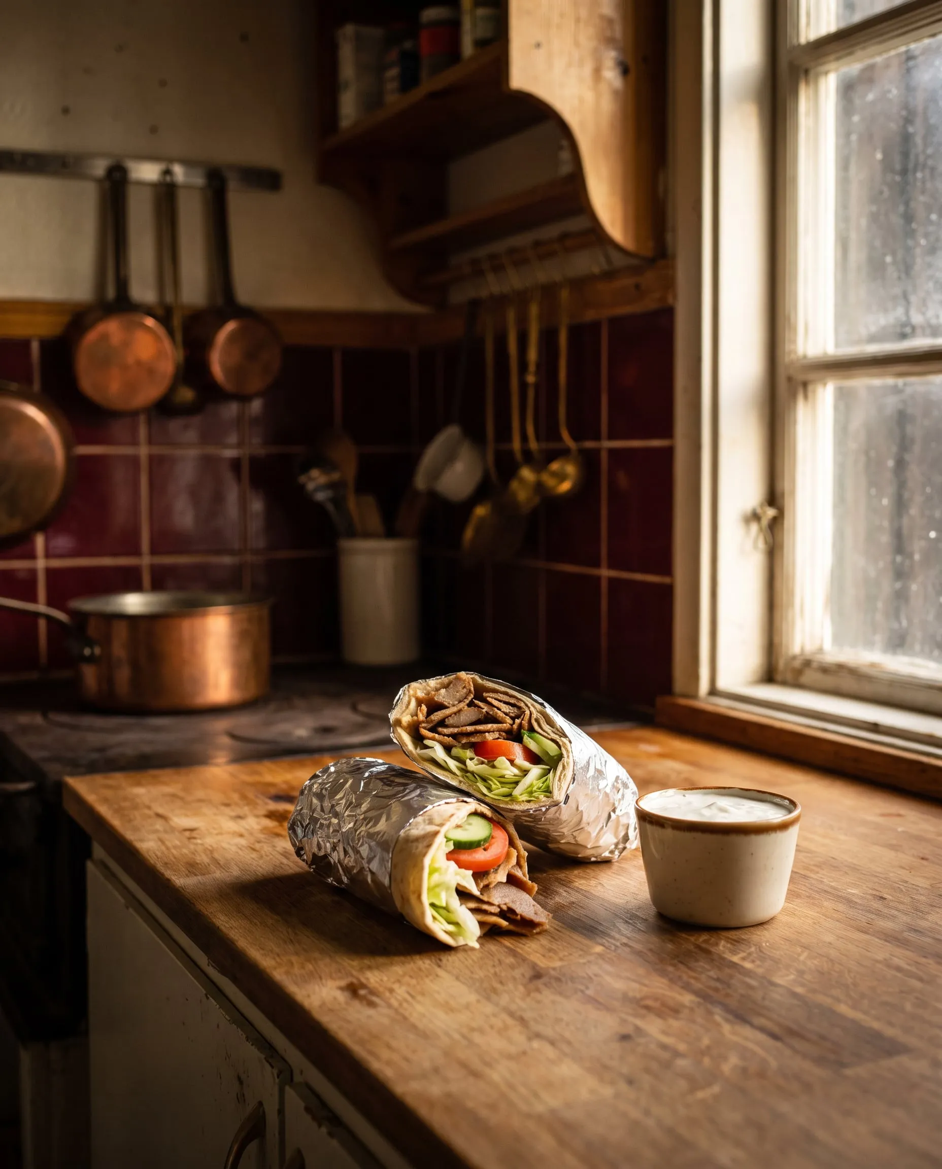 Kebabrulle delad på mitten med vitlökssås